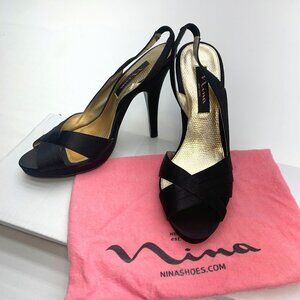 NINA Black Satin High Heel Shoes - Open Toe - Strappy Slingback